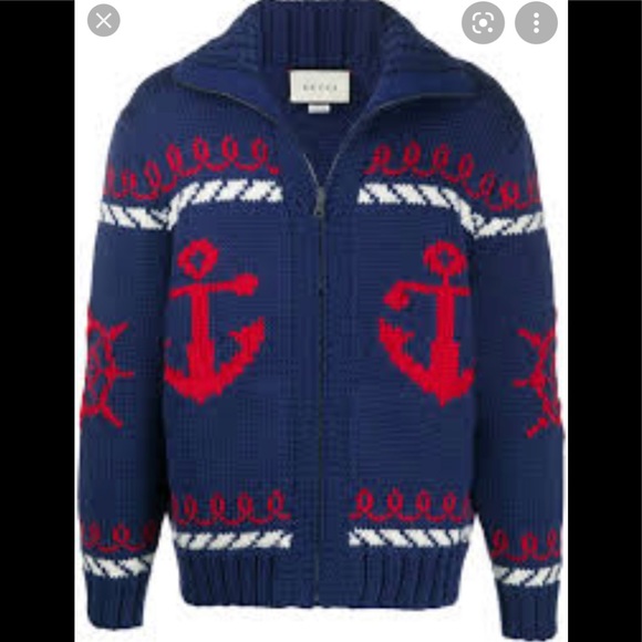 Gucci Blue Knitted Wool Bomber Sweater Size L - Picture 4 of 12